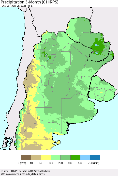 Southern South America Precipitation 3-Month (CHIRPS) Thematic Map For 10/26/2022 - 1/25/2023
