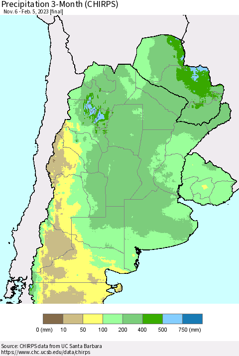 Southern South America Precipitation 3-Month (CHIRPS) Thematic Map For 11/6/2022 - 2/5/2023