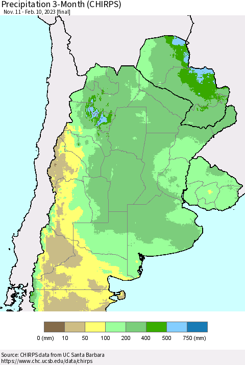 Southern South America Precipitation 3-Month (CHIRPS) Thematic Map For 11/11/2022 - 2/10/2023
