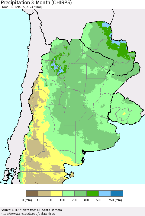 Southern South America Precipitation 3-Month (CHIRPS) Thematic Map For 11/16/2022 - 2/15/2023