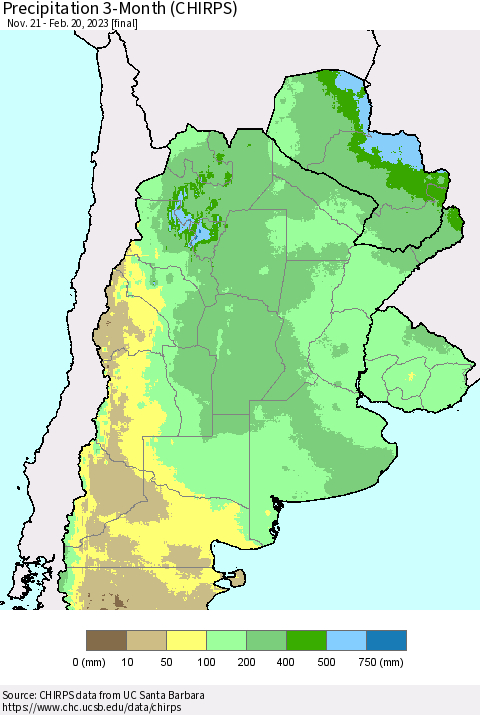 Southern South America Precipitation 3-Month (CHIRPS) Thematic Map For 11/21/2022 - 2/20/2023
