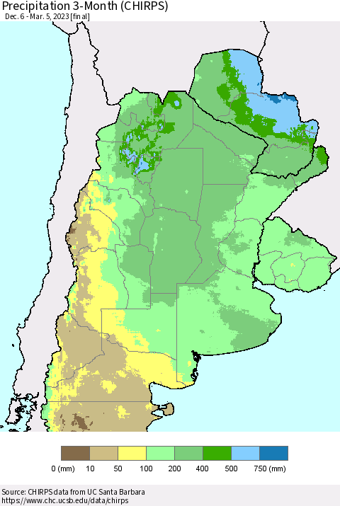 Southern South America Precipitation 3-Month (CHIRPS) Thematic Map For 12/6/2022 - 3/5/2023