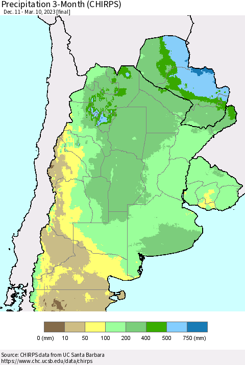 Southern South America Precipitation 3-Month (CHIRPS) Thematic Map For 12/11/2022 - 3/10/2023