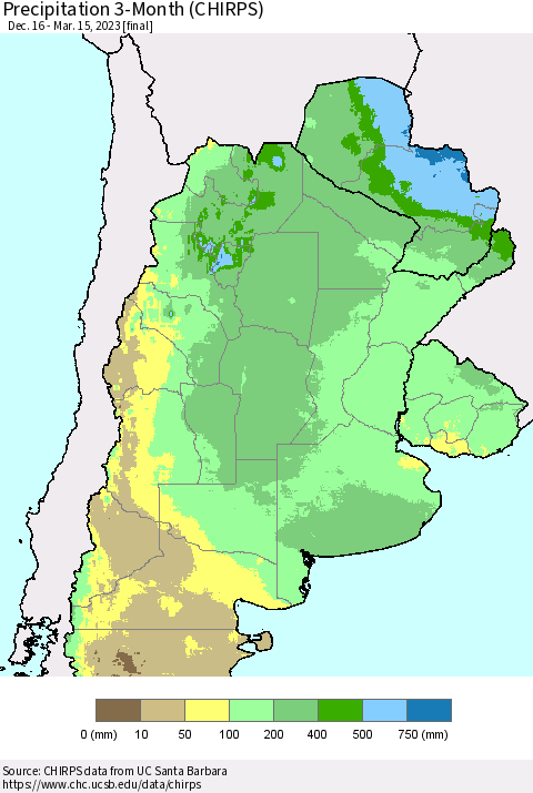 Southern South America Precipitation 3-Month (CHIRPS) Thematic Map For 12/16/2022 - 3/15/2023