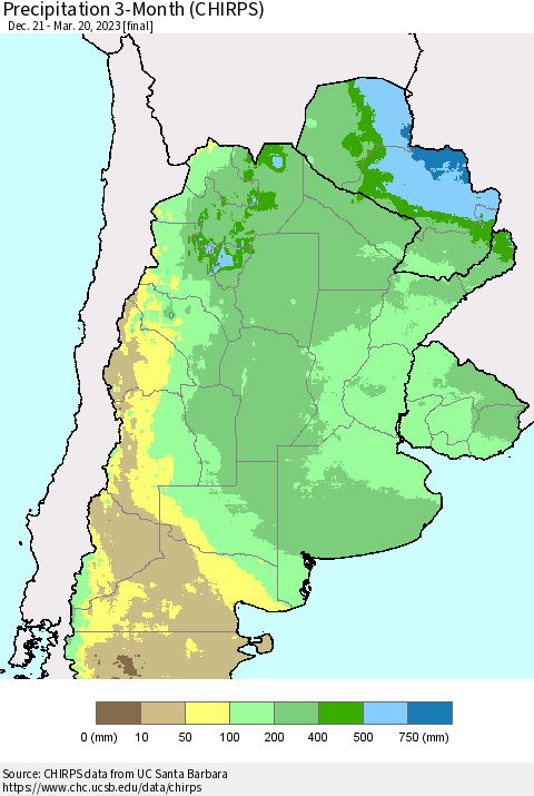 Southern South America Precipitation 3-Month (CHIRPS) Thematic Map For 12/21/2022 - 3/20/2023