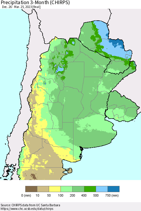 Southern South America Precipitation 3-Month (CHIRPS) Thematic Map For 12/26/2022 - 3/25/2023