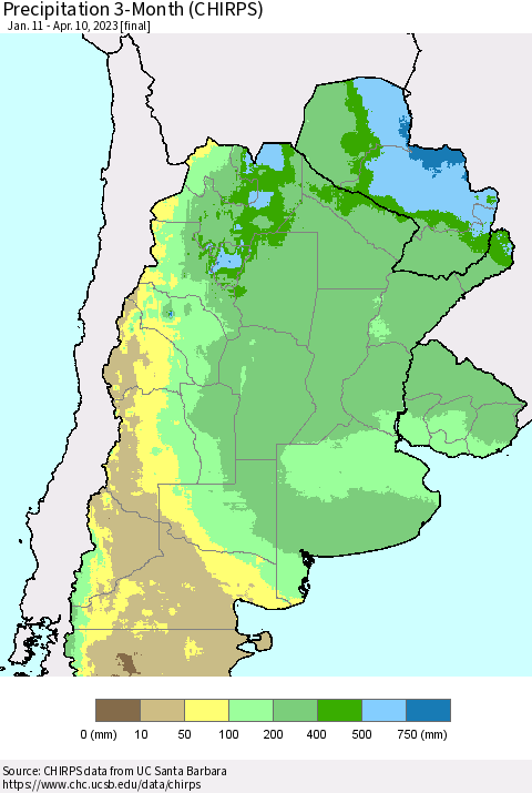 Southern South America Precipitation 3-Month (CHIRPS) Thematic Map For 1/11/2023 - 4/10/2023