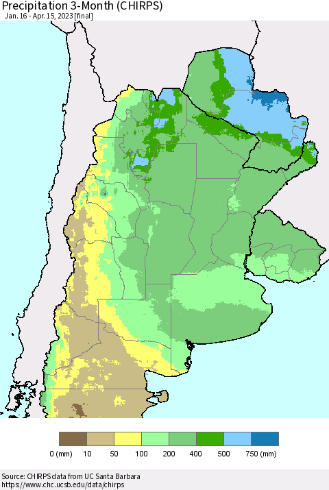 Southern South America Precipitation 3-Month (CHIRPS) Thematic Map For 1/16/2023 - 4/15/2023