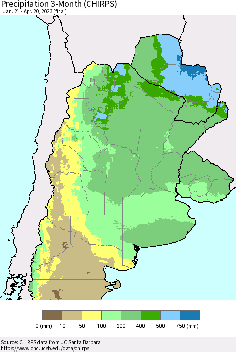 Southern South America Precipitation 3-Month (CHIRPS) Thematic Map For 1/21/2023 - 4/20/2023