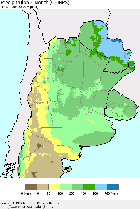 Southern South America Precipitation 3-Month (CHIRPS) Thematic Map For 2/1/2023 - 4/30/2023