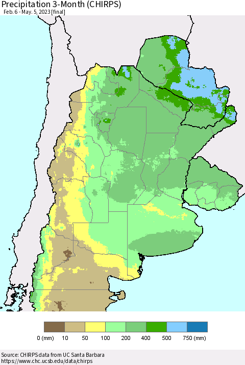 Southern South America Precipitation 3-Month (CHIRPS) Thematic Map For 2/6/2023 - 5/5/2023