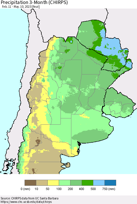 Southern South America Precipitation 3-Month (CHIRPS) Thematic Map For 2/11/2023 - 5/10/2023