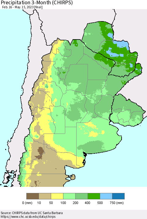 Southern South America Precipitation 3-Month (CHIRPS) Thematic Map For 2/16/2023 - 5/15/2023