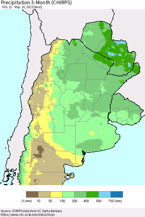 Southern South America Precipitation 3-Month (CHIRPS) Thematic Map For 2/21/2023 - 5/20/2023