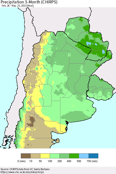 Southern South America Precipitation 3-Month (CHIRPS) Thematic Map For 2/26/2023 - 5/25/2023