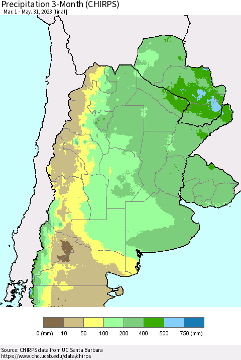 Southern South America Precipitation 3-Month (CHIRPS) Thematic Map For 3/1/2023 - 5/31/2023