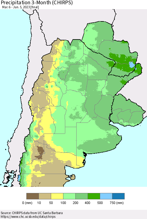 Southern South America Precipitation 3-Month (CHIRPS) Thematic Map For 3/6/2023 - 6/5/2023