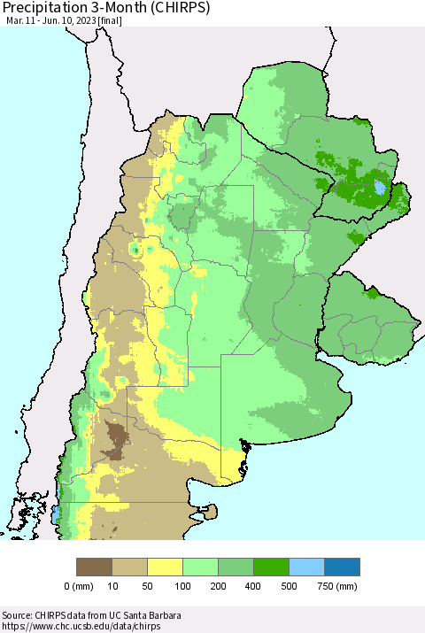 Southern South America Precipitation 3-Month (CHIRPS) Thematic Map For 3/11/2023 - 6/10/2023