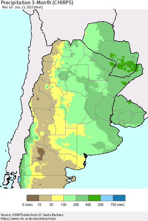Southern South America Precipitation 3-Month (CHIRPS) Thematic Map For 3/16/2023 - 6/15/2023