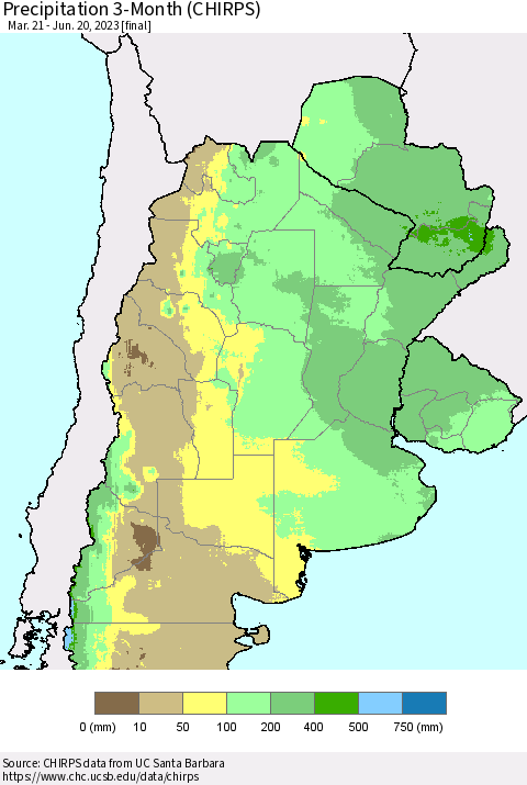 Southern South America Precipitation 3-Month (CHIRPS) Thematic Map For 3/21/2023 - 6/20/2023