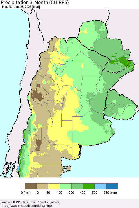 Southern South America Precipitation 3-Month (CHIRPS) Thematic Map For 3/26/2023 - 6/25/2023