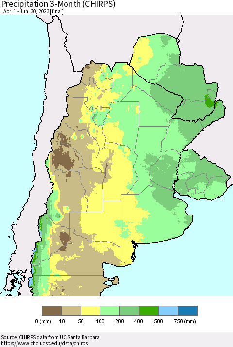 Southern South America Precipitation 3-Month (CHIRPS) Thematic Map For 4/1/2023 - 6/30/2023