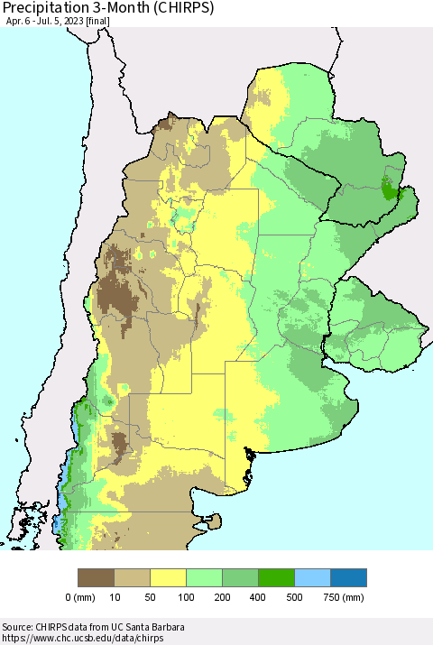 Southern South America Precipitation 3-Month (CHIRPS) Thematic Map For 4/6/2023 - 7/5/2023