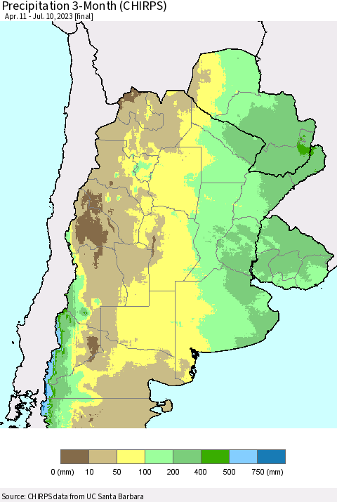 Southern South America Precipitation 3-Month (CHIRPS) Thematic Map For 4/11/2023 - 7/10/2023