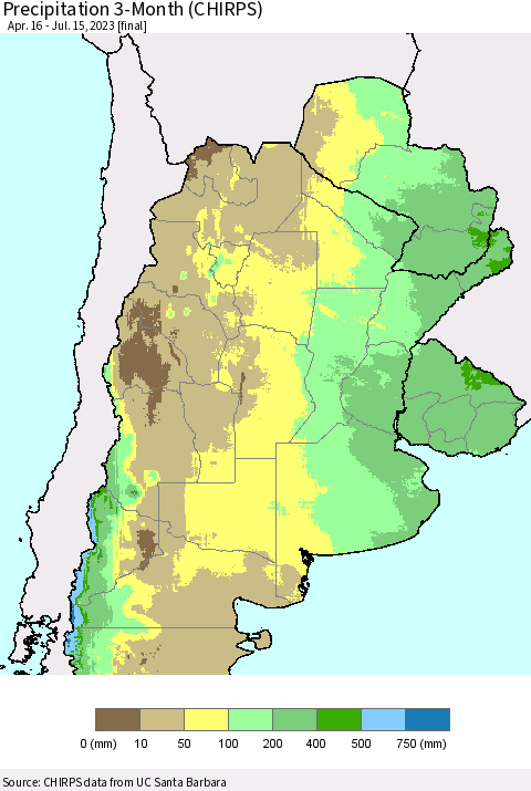 Southern South America Precipitation 3-Month (CHIRPS) Thematic Map For 4/16/2023 - 7/15/2023