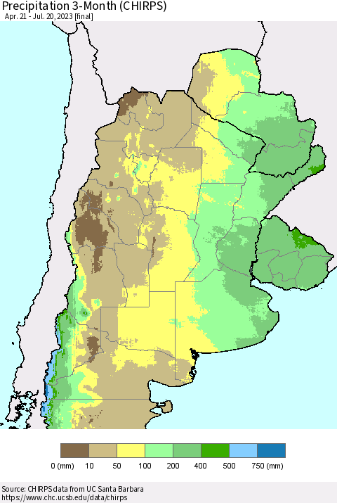 Southern South America Precipitation 3-Month (CHIRPS) Thematic Map For 4/21/2023 - 7/20/2023