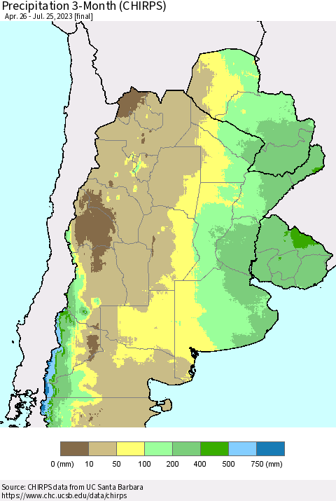 Southern South America Precipitation 3-Month (CHIRPS) Thematic Map For 4/26/2023 - 7/25/2023