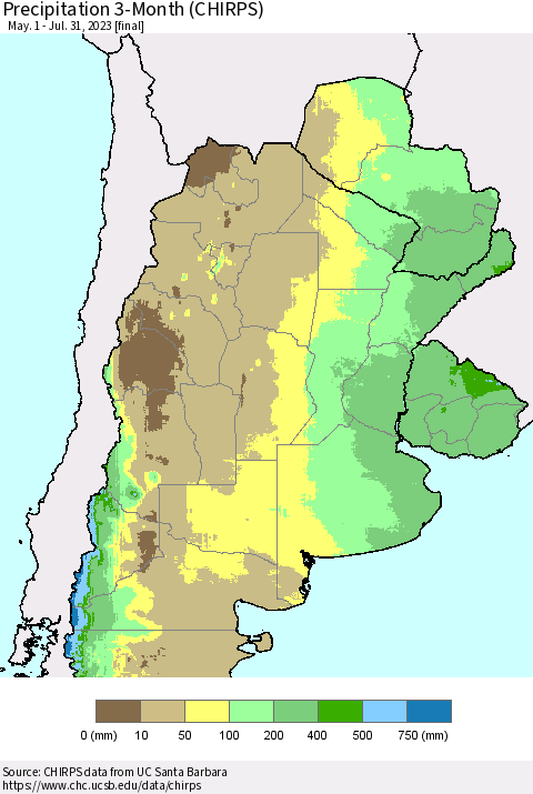 Southern South America Precipitation 3-Month (CHIRPS) Thematic Map For 5/1/2023 - 7/31/2023