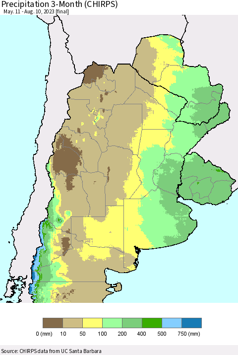 Southern South America Precipitation 3-Month (CHIRPS) Thematic Map For 5/11/2023 - 8/10/2023