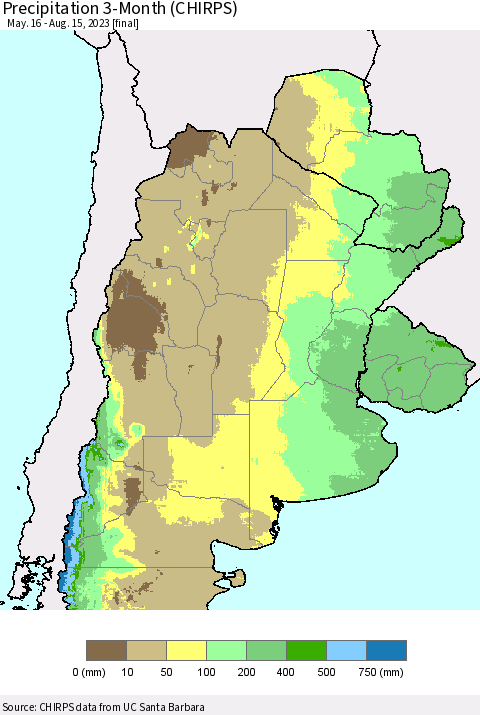 Southern South America Precipitation 3-Month (CHIRPS) Thematic Map For 5/16/2023 - 8/15/2023