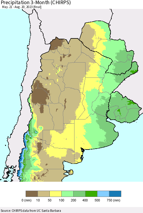 Southern South America Precipitation 3-Month (CHIRPS) Thematic Map For 5/21/2023 - 8/20/2023