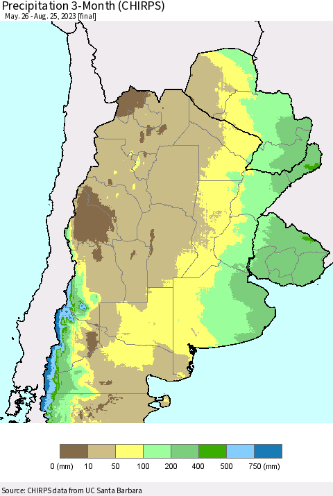 Southern South America Precipitation 3-Month (CHIRPS) Thematic Map For 5/26/2023 - 8/25/2023