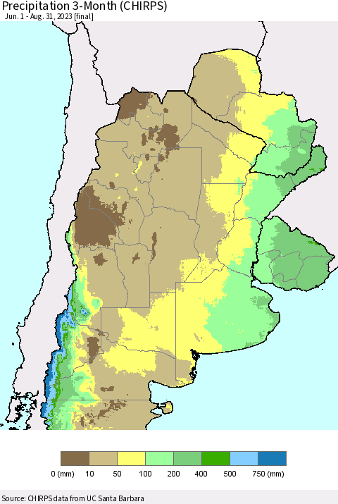 Southern South America Precipitation 3-Month (CHIRPS) Thematic Map For 6/1/2023 - 8/31/2023