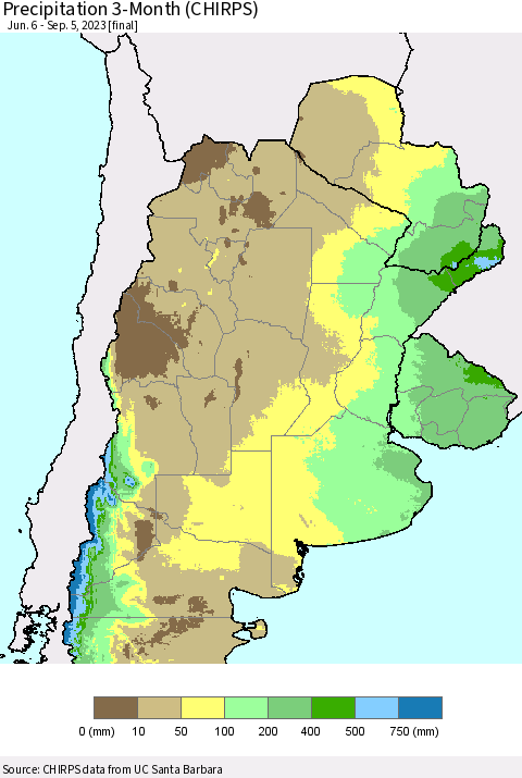 Southern South America Precipitation 3-Month (CHIRPS) Thematic Map For 6/6/2023 - 9/5/2023