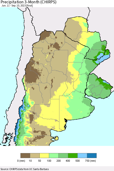 Southern South America Precipitation 3-Month (CHIRPS) Thematic Map For 6/11/2023 - 9/10/2023