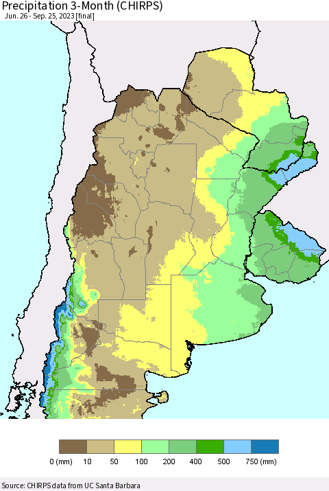 Southern South America Precipitation 3-Month (CHIRPS) Thematic Map For 6/26/2023 - 9/25/2023
