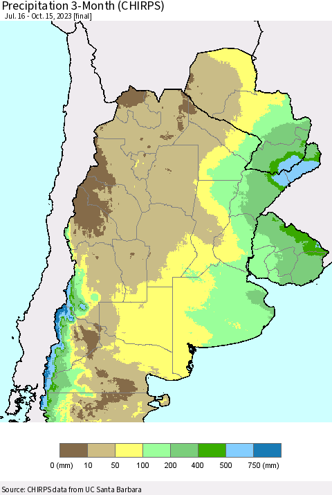 Southern South America Precipitation 3-Month (CHIRPS) Thematic Map For 7/16/2023 - 10/15/2023