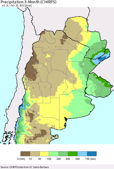 Southern South America Precipitation 3-Month (CHIRPS) Thematic Map For 7/21/2023 - 10/20/2023