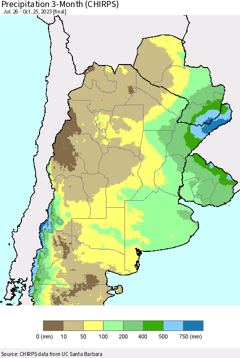 Southern South America Precipitation 3-Month (CHIRPS) Thematic Map For 7/26/2023 - 10/25/2023