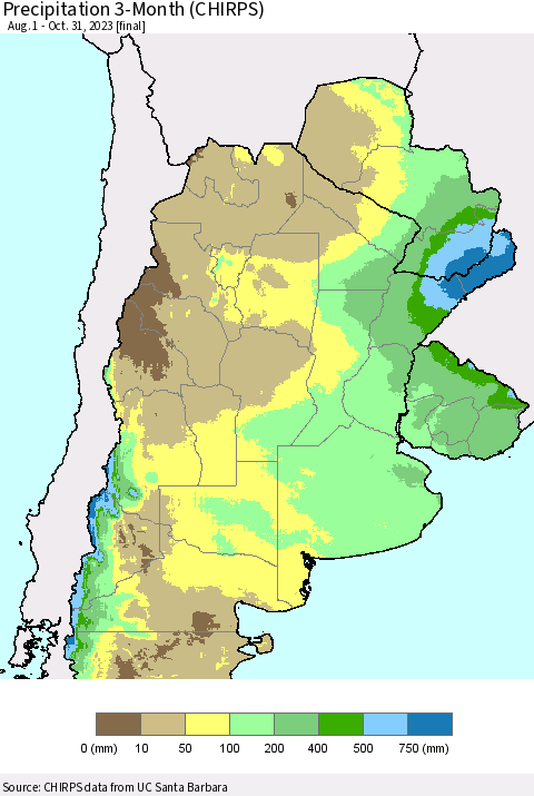 Southern South America Precipitation 3-Month (CHIRPS) Thematic Map For 8/1/2023 - 10/31/2023