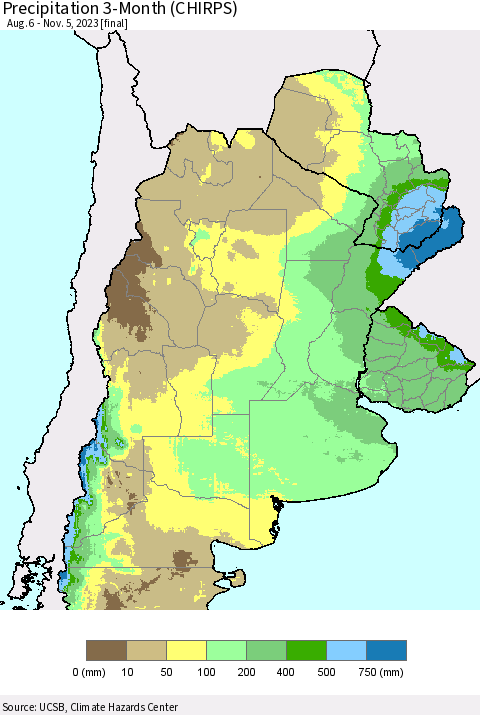 Southern South America Precipitation 3-Month (CHIRPS) Thematic Map For 8/6/2023 - 11/5/2023