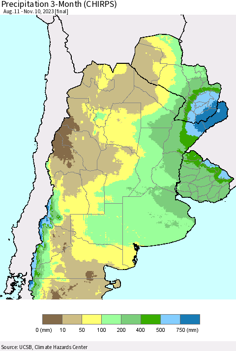 Southern South America Precipitation 3-Month (CHIRPS) Thematic Map For 8/11/2023 - 11/10/2023