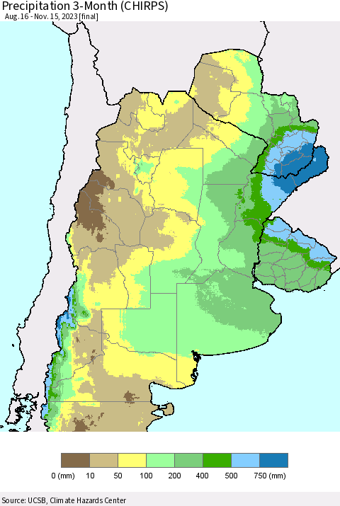 Southern South America Precipitation 3-Month (CHIRPS) Thematic Map For 8/16/2023 - 11/15/2023