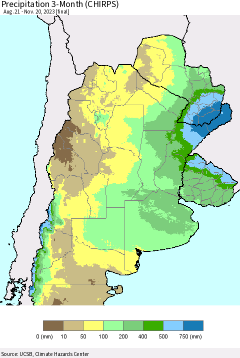 Southern South America Precipitation 3-Month (CHIRPS) Thematic Map For 8/21/2023 - 11/20/2023