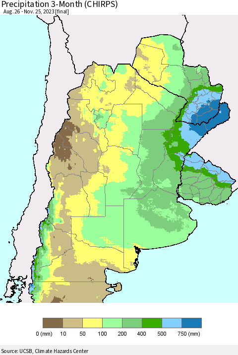Southern South America Precipitation 3-Month (CHIRPS) Thematic Map For 8/26/2023 - 11/25/2023