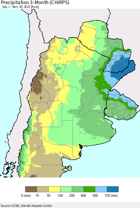 Southern South America Precipitation 3-Month (CHIRPS) Thematic Map For 9/1/2023 - 11/30/2023